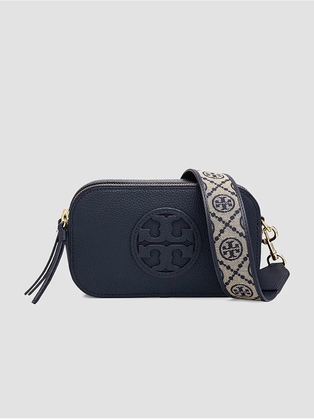 Tory Burch Navy Leather Camera Crossbody with Patterned Logo Strap